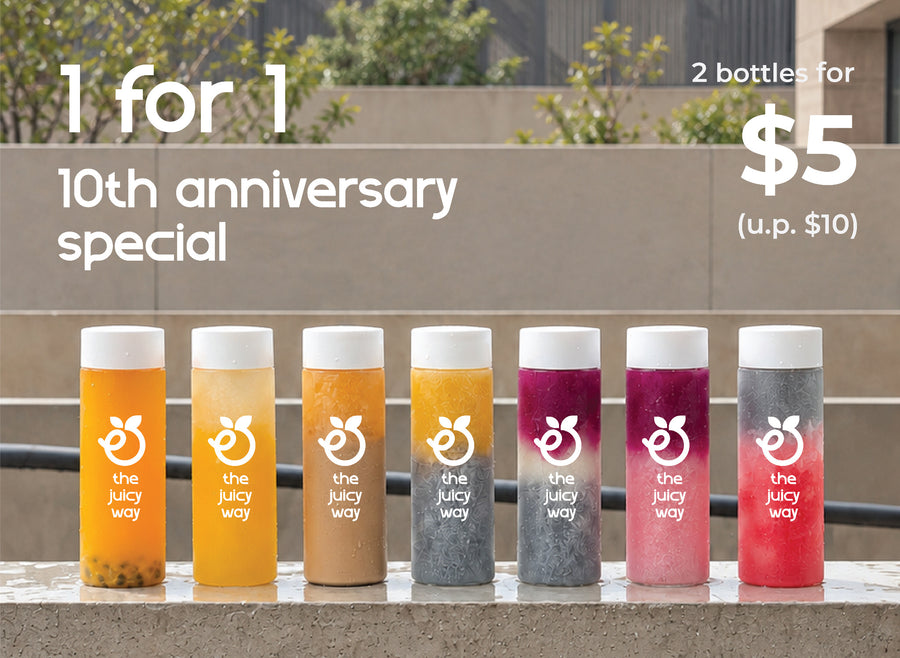 10 juicy years.
celebrate with 1-for-1.