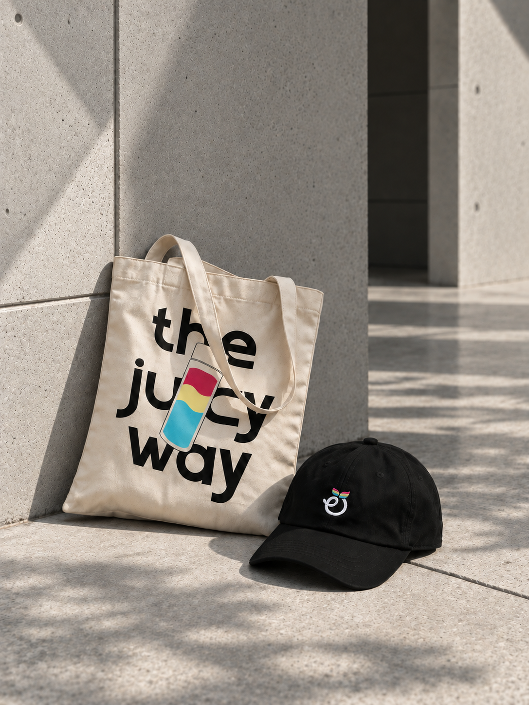 The Juicy Way tote bag and cap